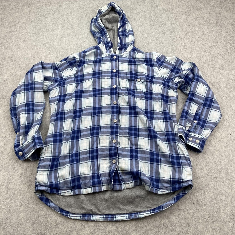 LL Bean Mens Medium Blue Plaid Hooded Lined Flannel Shirt Jacket Shacket 500906